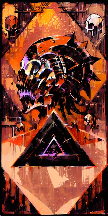 (a skull with triangle in the background, magent color:1.2),  <lora:tarot card 512x1024:1>, dangerous depressing atmospher...